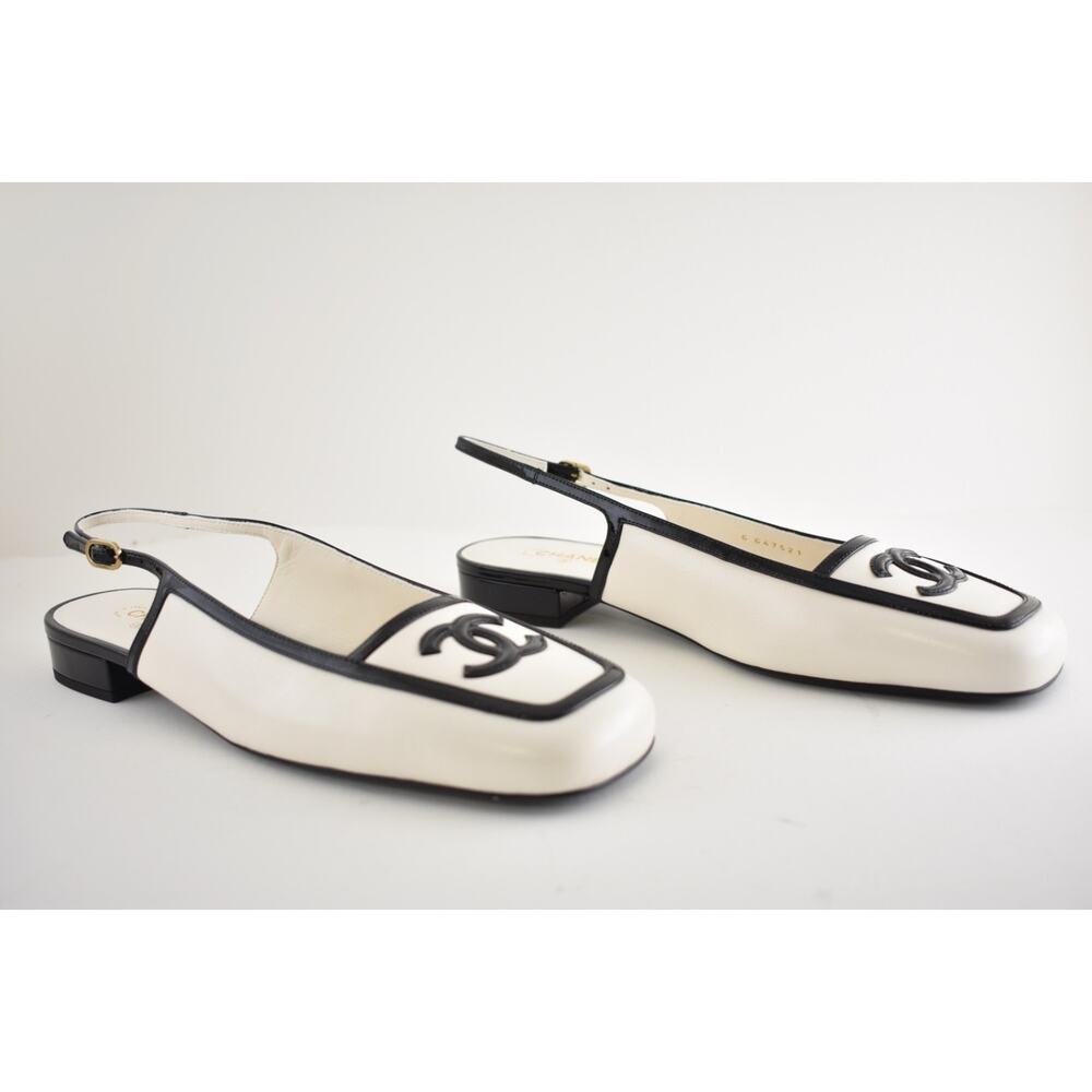 Chanel 26B White Black Square Toe CC Logo Slingback Ballet Ballerina Flat 39 - Picture 4 of 16